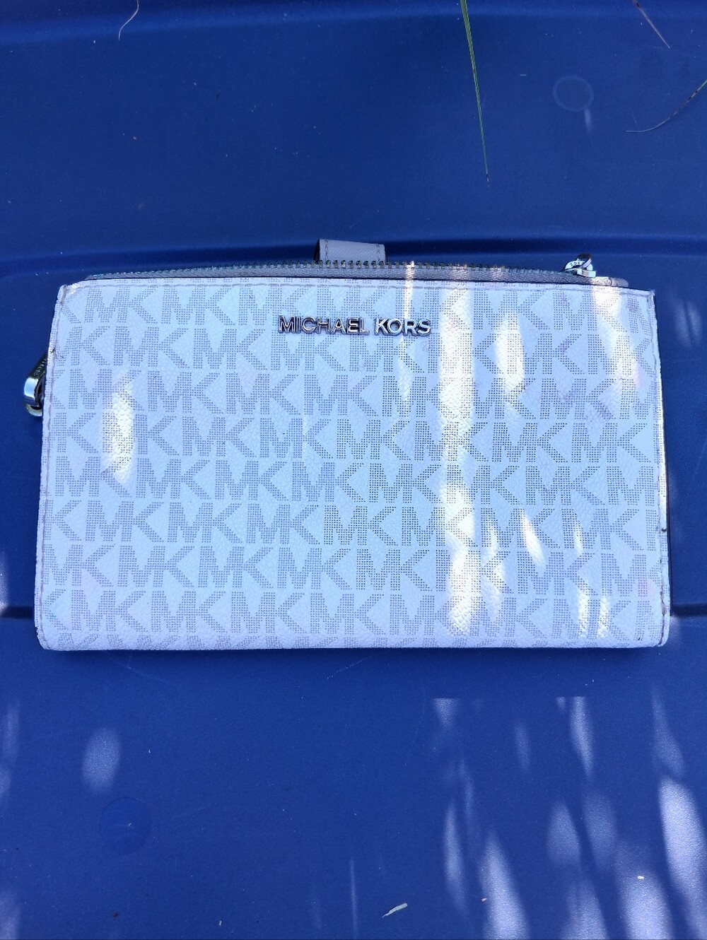 Michael Kors Light Gray/White MK Logo Zip Clutch